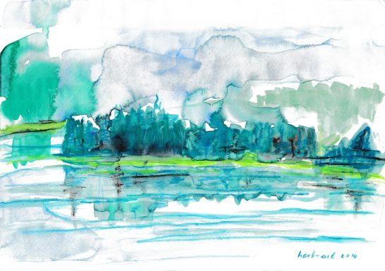 Abstrakte Landschaft mit grünen Bäumen, blaue Wasserflächen und bewölktem Himmel.
