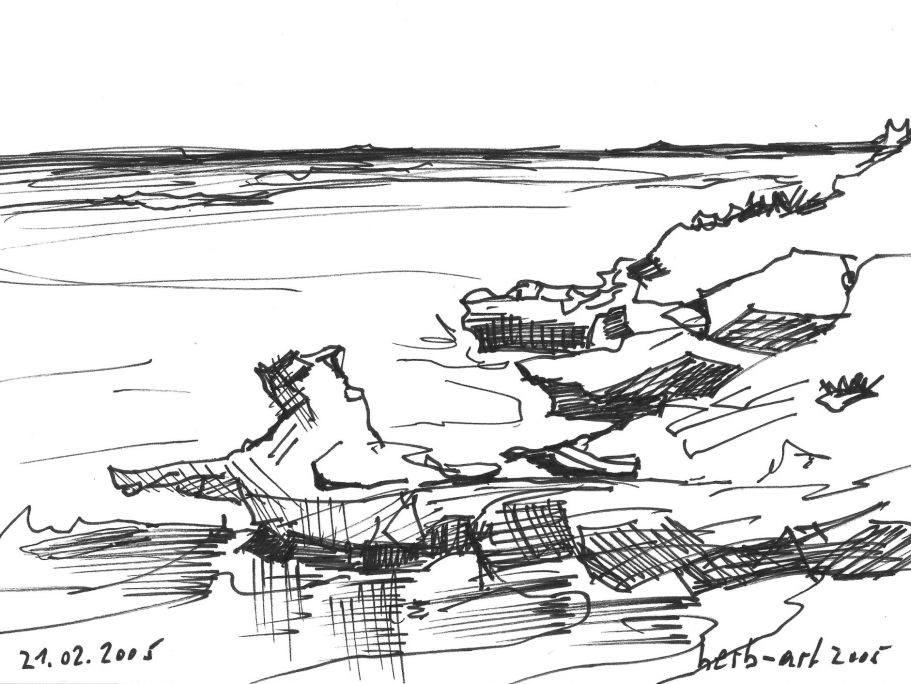 Felsküste bei Arniston Skizze einer Küstenlandschaft mit Felsen und Wasser, minimalistische Darstellung.