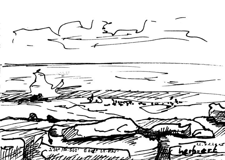 Skizze einer Küstenlandschaft mit Felsen und sanften Wellen unter bewölktem Himmel.