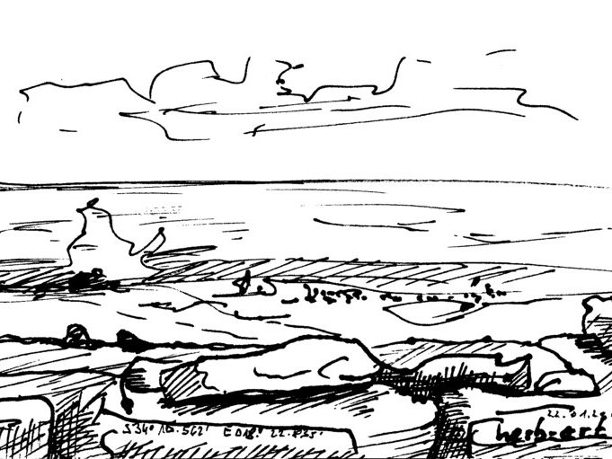 Olifantsbos III Skizze einer Küstenlandschaft mit Felsen und beobachtenden Wolken am Himmel.
