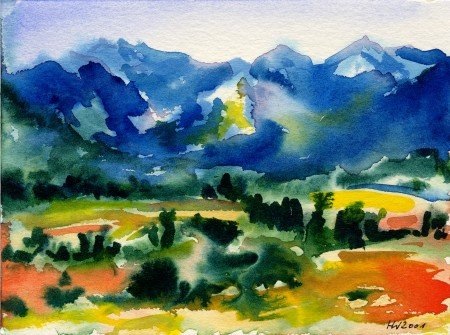 Stellenbosch umgebung Berglandschaft mit bunten Feldern und sanften Hügeln, in watercolor Stil.