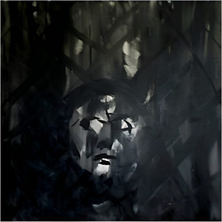 Gesicht mit dunklem, verschwommenem Hintergrund, Schatten und abstrakten Formen.