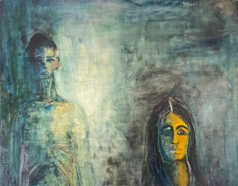 Im Internat Zwei abstrakte Figuren in kontrastierenden Farben, eine kühl-blau, die andere warm-gelb, vor einem atmosphärisch strukturierten Hintergrund.