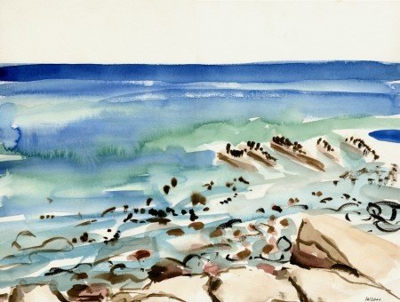 Atlantik am Kap der Guten Hoffnung Abstrakte Wasserfarbenlandschaft mit Wellenschlag und felsigen Küstenbereichen.