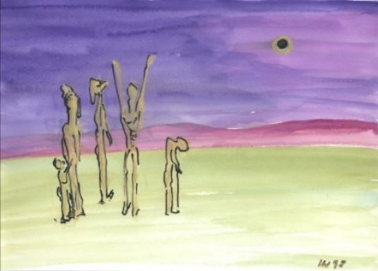 Fünf stilisierte Figuren stehen vor einem farbenfrohen, bewölkten Himmel.