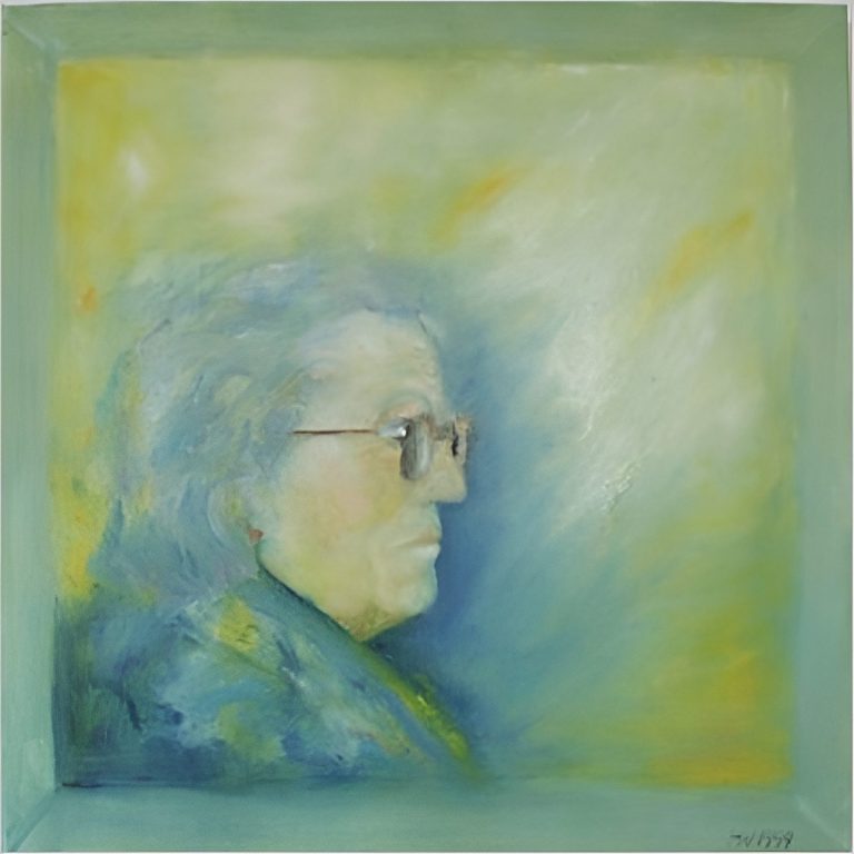 Frauenportrait Porträt einer älteren Person mit Brille, in sanften, pastellfarbenen Tönen.