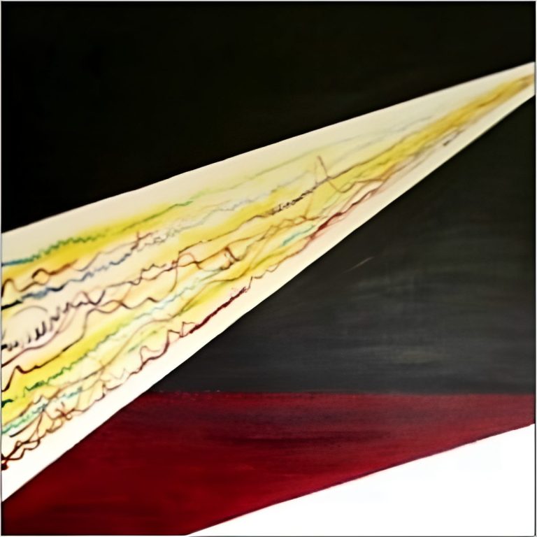 Richtfunk Abstrakte Kunst mit bunten Linien auf einem schwarzen Hintergrund und rotem Boden.