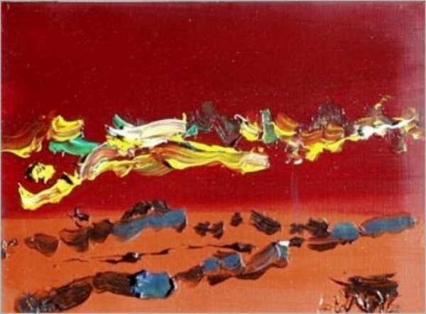 Fliegende Farben Abstrakte Malerei mit lebhaften Farben auf rotem Hintergrund und geschwungenen Linien.