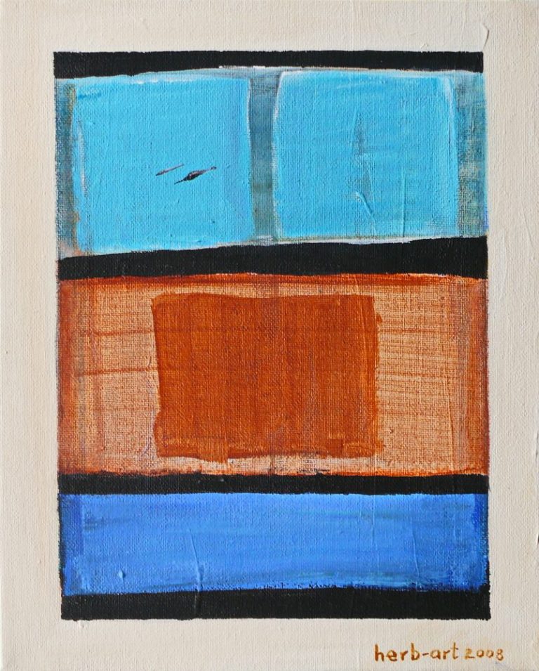 Abstrakte Komposition mit blauen, orangefarbenen und schwarzen Farbblöcken.