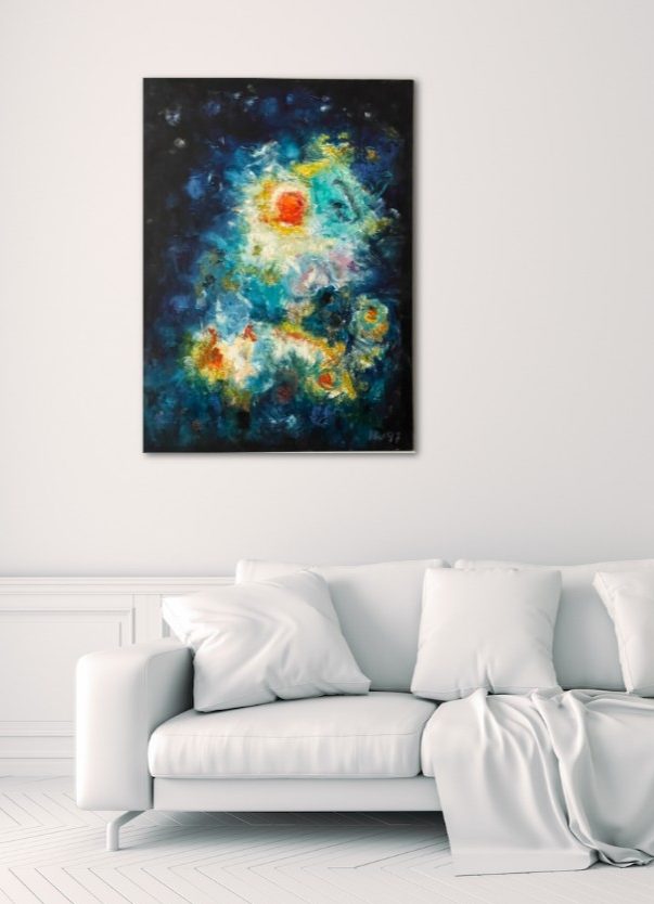 deep space im Raum Bunte abstrakte Darstellung des Universums mit leuchtenden Farben auf schwarzem Hintergrund von Herbert Wiedergut.