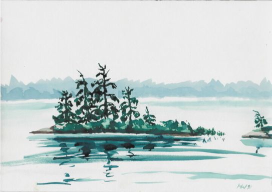 Canada 12 Stille Wasserlandschaft mit einer Insel, umgeben von Bäumen und sanften Wellen.
