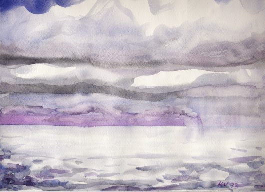 Abstrakte Landschaft mit sanften, lila-farbenen Himmel und ruhigem Wasser.