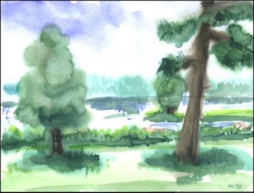 Landschaft mit Bäumen und Wasser im Hintergrund, sanfte Farben.