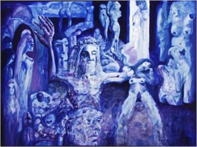 Im Internat nach 28 Jahren Abstrakte Darstellung von blauen Figuren und Gesichtern in einem expressiven, emotionalen Stil.
