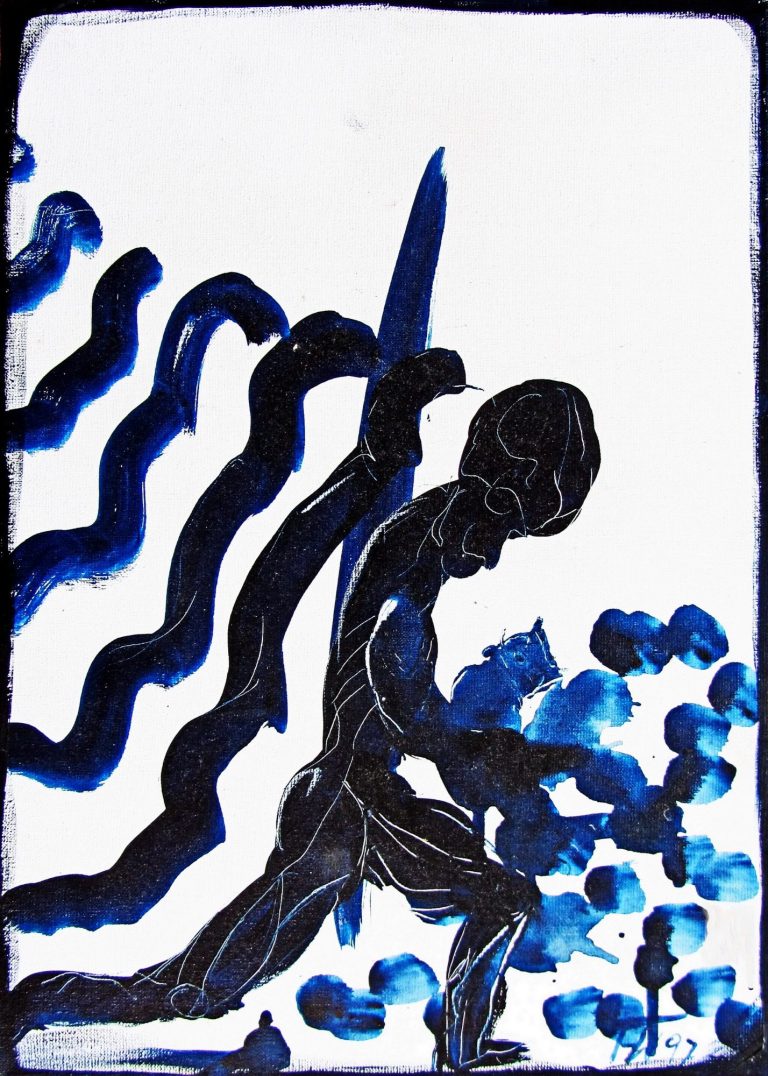 Klon oder Bewegung Abstrakte Darstellung einer Figur in Blau mit geschwungenen Linien und dynamischen Formen.