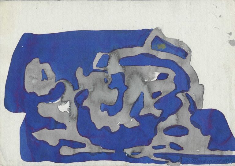 abstrakt 1967 Abstrakte Malerei in Blau und Grau mit organischen Formen.