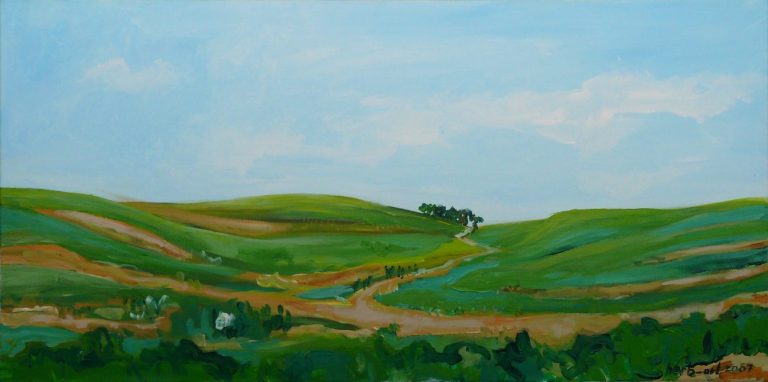 Green Landscape Landschaft mit sanften grünen Hügeln und einem geschwungenen Weg unter blauem Himmel.