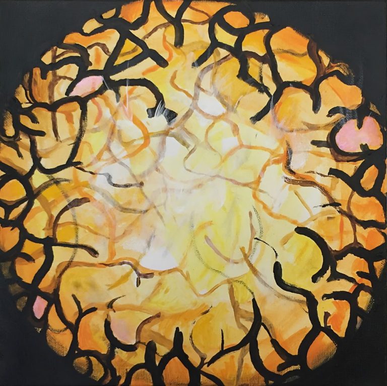 Runde Beschreibung mit orangefarbenen und gelben Tönen, abstrahierte Linien in Schwarz.