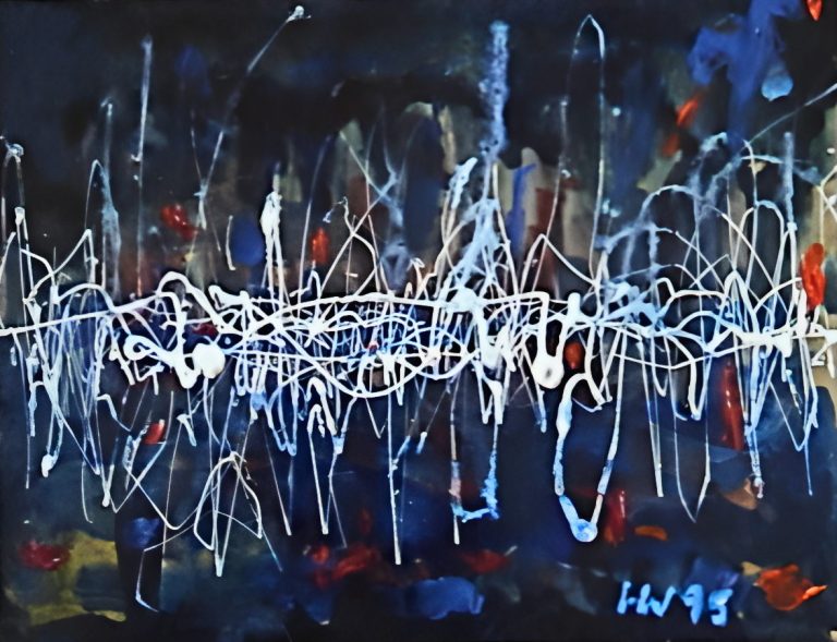 Frequenz Abstrakte Darstellung mit blauen, roten und weißen Linien auf dunklem Hintergrund.