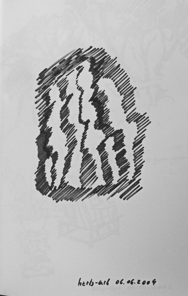 06-06-2004 Skizze von drei sich stehenden Figuren in abstrakter Form.