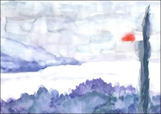 Abstrakte Aquarelllandschaft mit Himmel, Wasser und einem roten Punkt im Hintergrund.