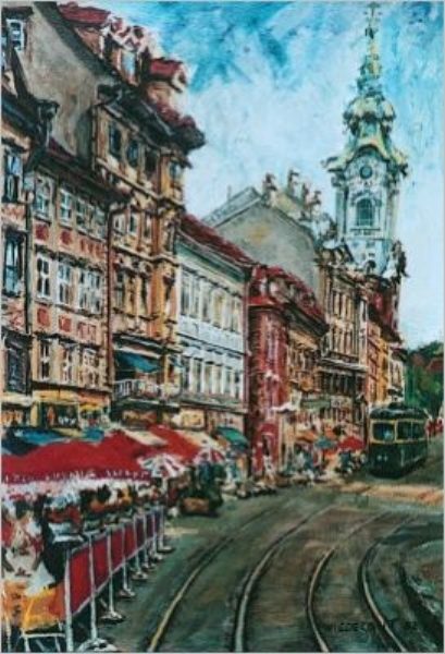 Graz, Herrerngasse Bunte Straßenszene mit historischen Gebäuden und einer Straßenbahn in Graz.