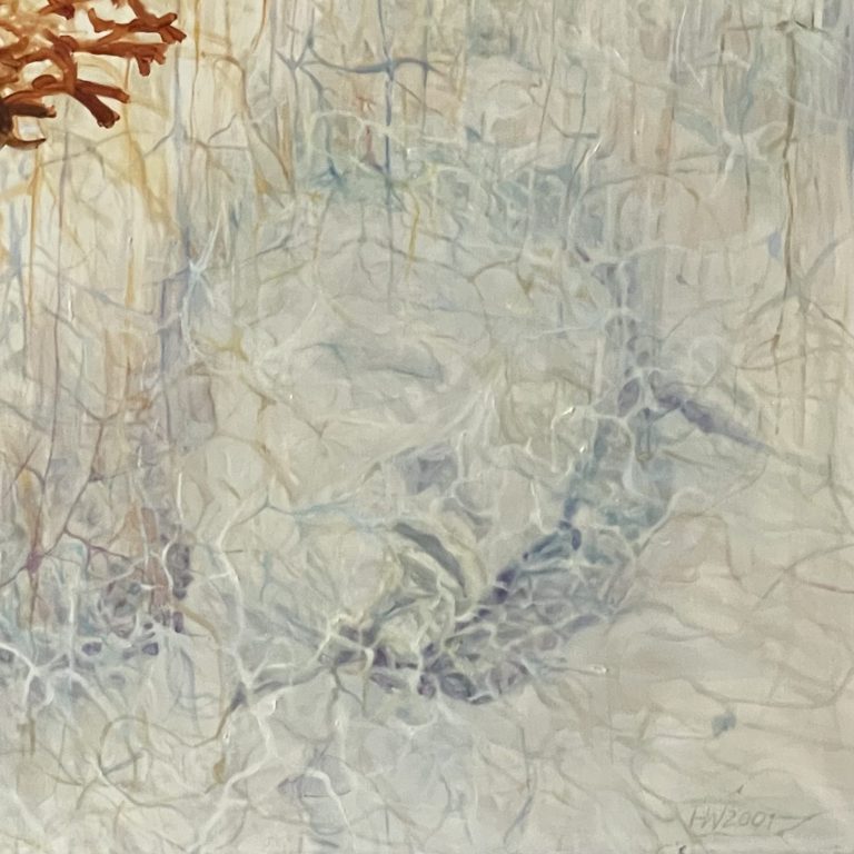 Unterbewusstsein, Portrait, Detail Abstrahierte Darstellung eines Selbstportraits als Ölgemälde mit pastellfarbenen Texturen und feinen, netzartigen Mustern.