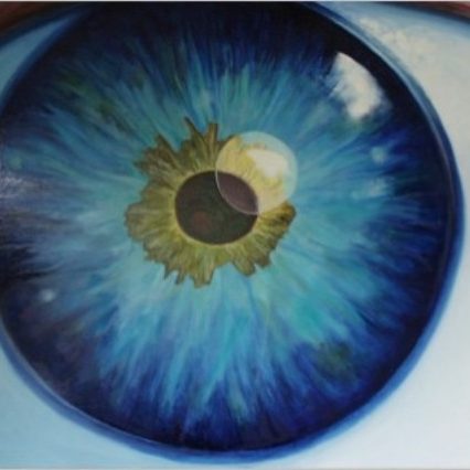 „Ölgemälde Lichtblick von Herbert Wiedergut – übergroßes blaues Auge mit kosmischem Tiefenraum und intensivem Gegenblick