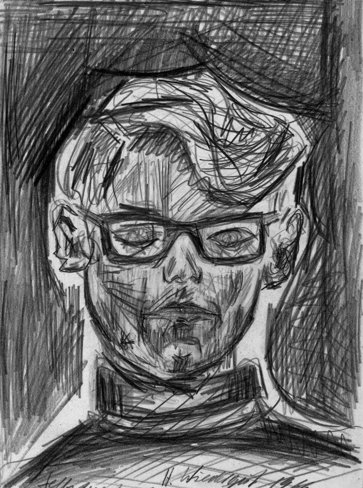 Selbstportrait 1966 Greyscale Porträt einer Person mit Brille und unregelmäßigen, skizzenhaften Konturen.