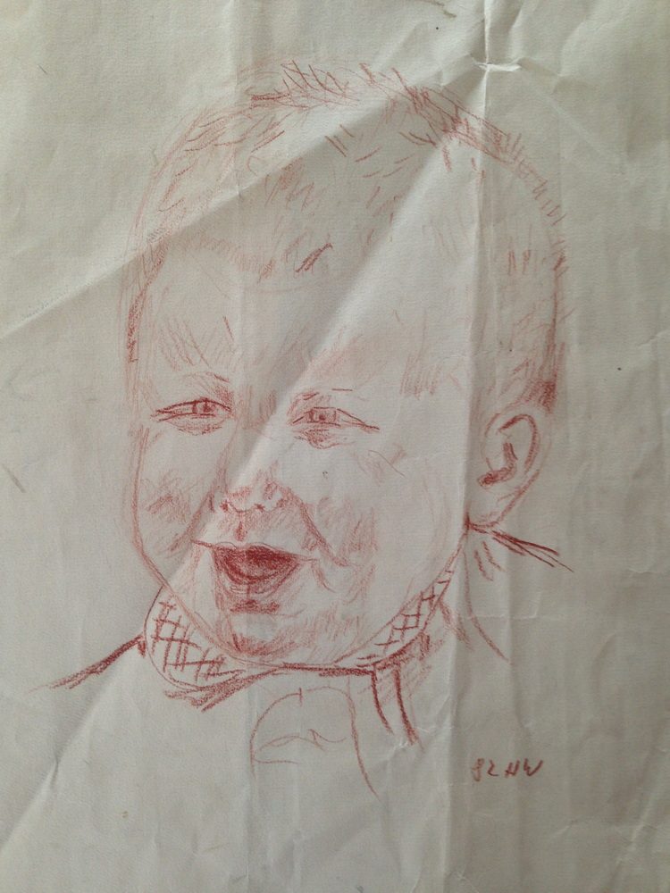Lisi Ein skizziertes Gesicht eines weinenden Babys, mit sichtbaren Falten im Papier.