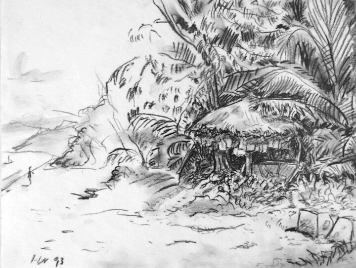 Küstenlandschaft mit einem kleinen Strandhaus und Felsen im Hintergrund.