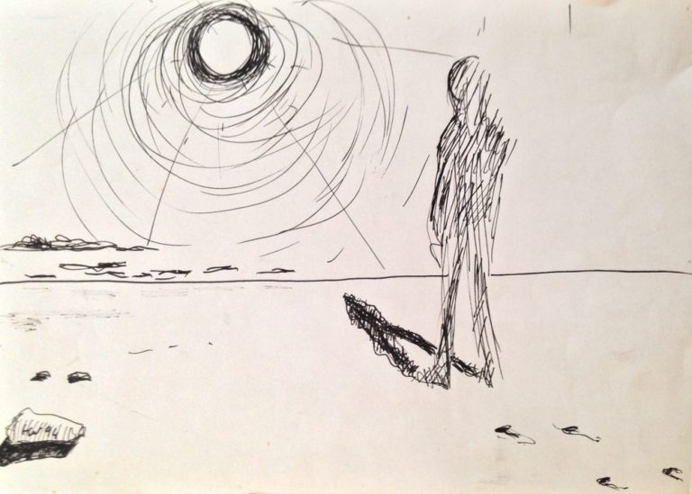 Schatten gegen das Licht Eine stilisierte Figur steht am Rand eines Strandes, blickt in die Sonne. Der Schatten der Figur ist paradoxerweise gegen die Sonne gerichte