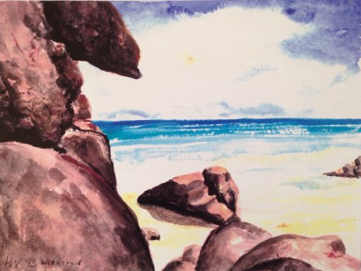 La Digue Wassermalerei einer Küstenlandschaft mit Steinen und blauem Meer unter einem klaren Himmel.