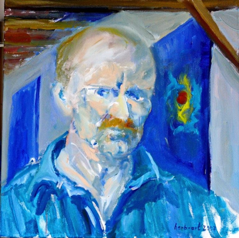 Selbstporträt eines Mannes mit blauen Augen, blonden Haaren und einem blauen Hemd.