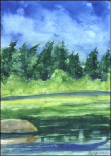 Canada 16 Ruhiger Naturansicht mit Wasser und Bäumen unter einem blauen Himmel.