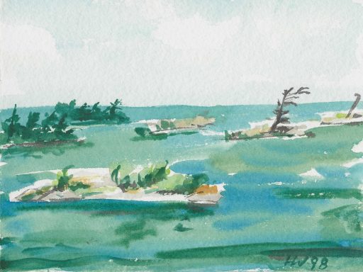 Canada 09 Aquarell mit sanften Wellen und kleinen Inseln unter einem blauen Himmel.