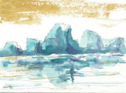 Abstrahierte Bay Bergige Eislandschaft mit blauem Wasser und goldenen Himmelstönen.