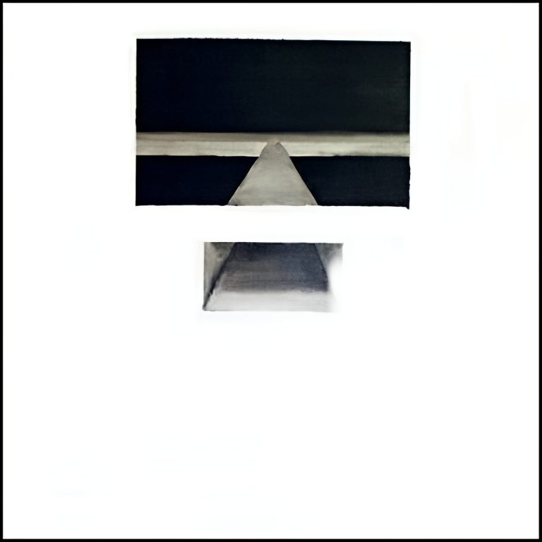 Kanalisation des Raums Ein minimalistisches Kunstwerk mit geometrischen Formen in Schwarz, Weiß und Grau.