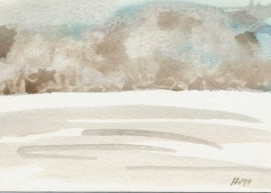 Sanfte Aquarelllandschaft mit braunen und blauen Tönen, minimalistische Sandflächen.