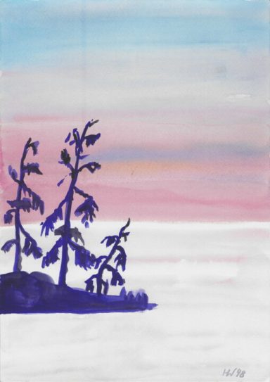 Canada 22 Silhouette von Tannenbäumen vor einem farbigen Himmel bei Sonnenuntergang.