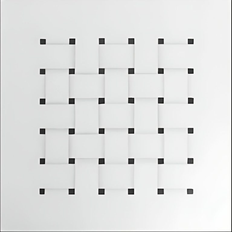 Geflochtene Leinwand Muster aus schwarzen quadratischen Knoten auf weißem Hintergrund in einem gitterähnlichen Design.