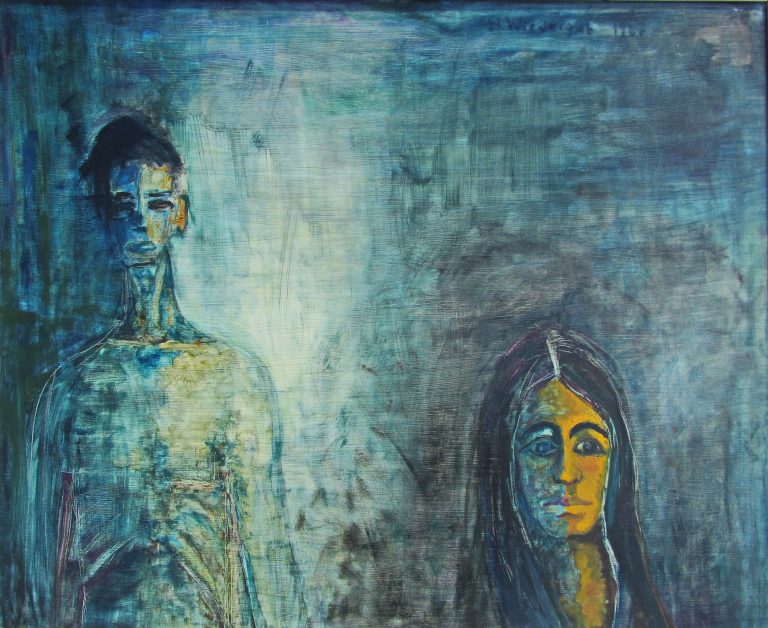 Im Internat Zwei stilisierte Figuren in blauen und grünen Tönen mit melancholischem Ausdruck.