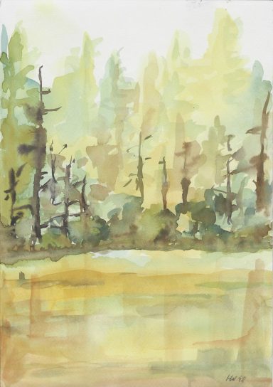 Canada 21 Aquarelllandschaft mit Bäumen und ruhigem Gewässer, sanfte Farben und natürliche Schattierungen.