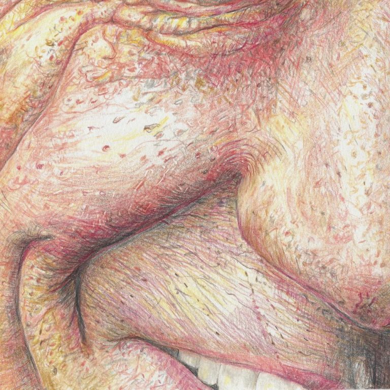Gesicht Nahaufnahme einer Gesichtspartie mit Lächeln und sichtbaren Hautdetails. Zeichnung von Herbert Wiedergut.