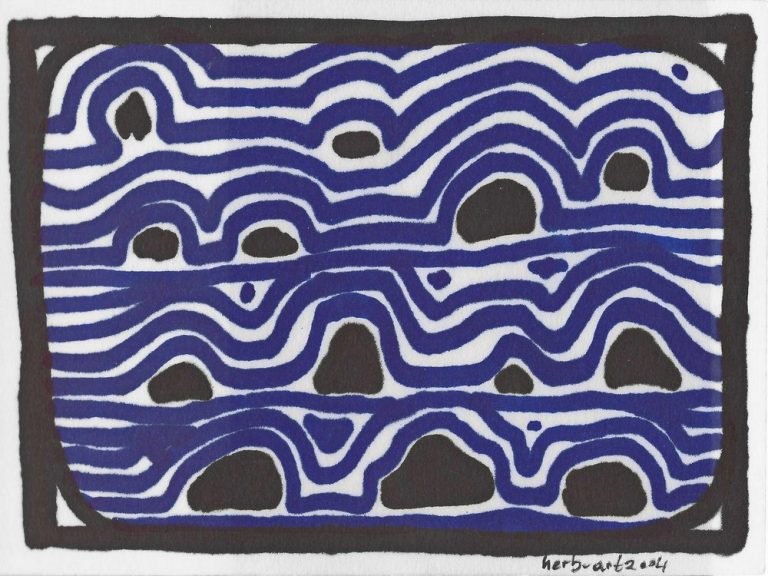 art abstract 05 Abstrakte Komposition mit blauen Wellen und schwarzen Formen auf hellem Hintergrund.
