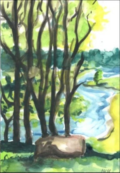 Landschaft mit Bäumen und einem Fluss im Hintergrund, helles Licht und grüne Wiesen.