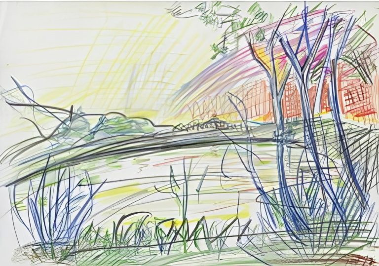 See 1977 Landschaft mit See, Bäumen und sanften Hügeln im Sonnenlicht, im pastellfarbenen Stil.