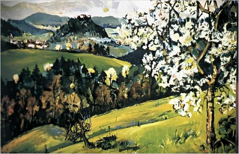 Griffen Blick auf eine grüne Landschaft mit Hügeln und blühenden Bäumen im Frühling.