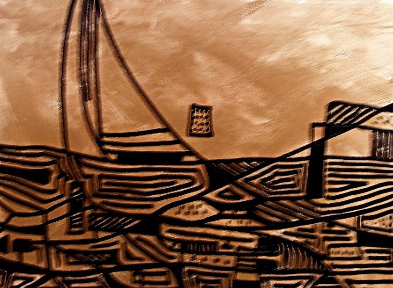 Segelboot Abstrakte Darstellung von Booten und Wasser in warmen Erdtönen.