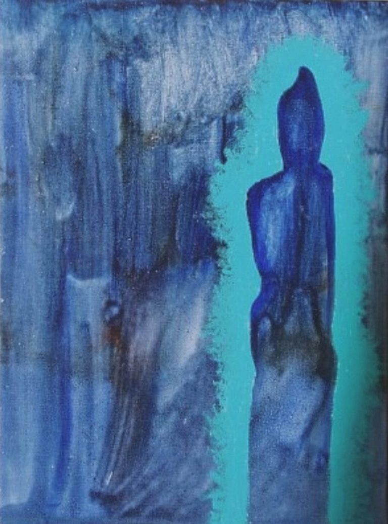 Aura Abstrakte Darstellung einer blauen Silhouette vor aquamarinfarbenem Hintergrund.